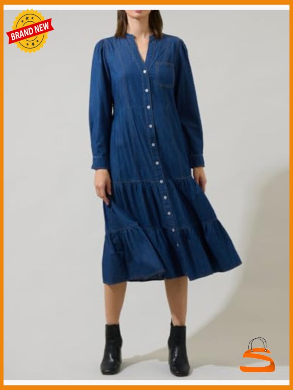 Women Casual Long Denim Dress Babydoll Ruffle Long Sleeve Jean Shirt Midi - Picture 3 of 6